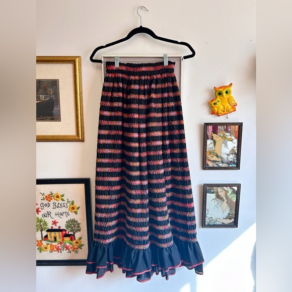 1970s Bilboquet Canada Ribbon Patchwork Folk Cottagecore Ruffle Maxi Skirt - Picture 1 of 7